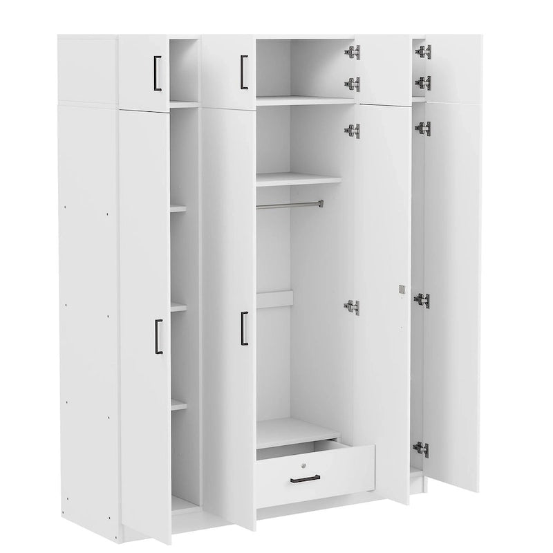 Armoire 4 portes blanche / grise avec tringle, 13 compartiments de rangement, tiroir verrouillable et placard supérieur