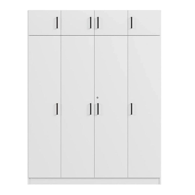 Armoire 4 portes blanche / grise avec tringle, 13 compartiments de rangement, tiroir verrouillable et placard supérieur