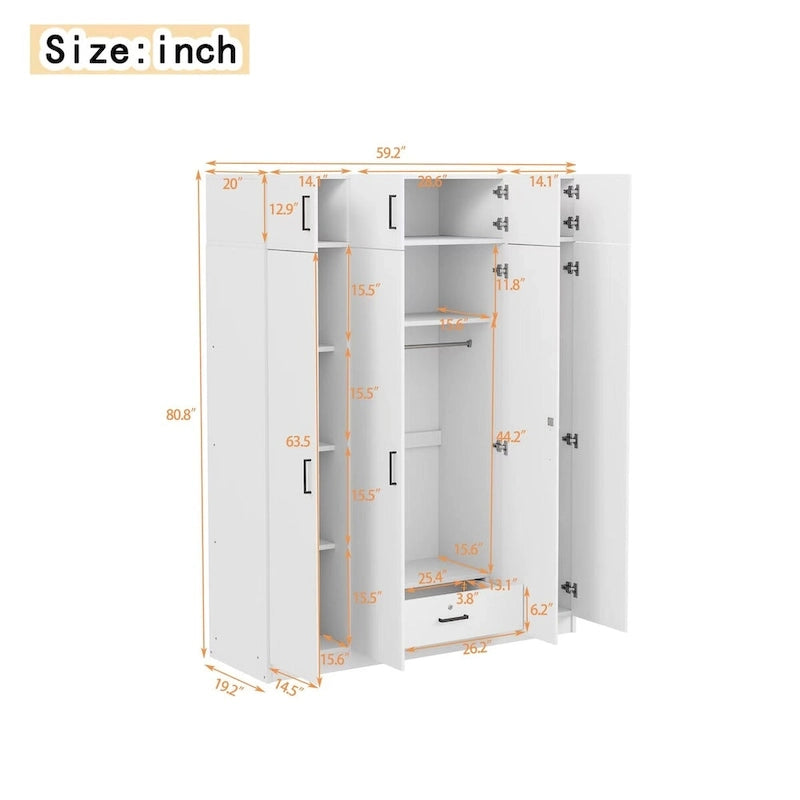 Armoire 4 portes blanche / grise avec tringle, 13 compartiments de rangement, tiroir verrouillable et placard supérieur