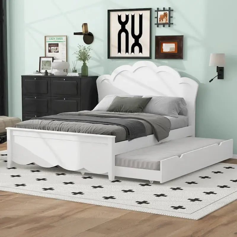 Lit plateforme double en pin blanc et MDF avec tête de lit, pied de lit et lit gigogne simple, peut accueillir 2 personnes