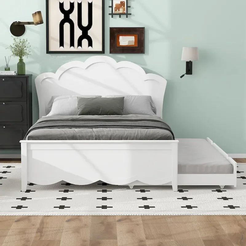 Lit plateforme double en pin blanc et MDF avec tête de lit, pied de lit et lit gigogne simple, peut accueillir 2 personnes