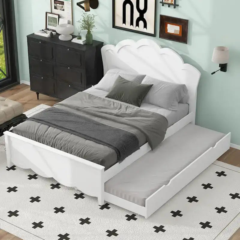 Lit plateforme double en pin blanc et MDF avec tête de lit, pied de lit et lit gigogne simple, peut accueillir 2 personnes