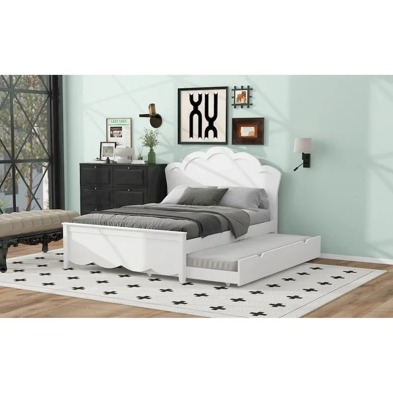 Lit plateforme double en pin blanc et MDF avec tête de lit, pied de lit et lit gigogne simple, peut accueillir 2 personnes