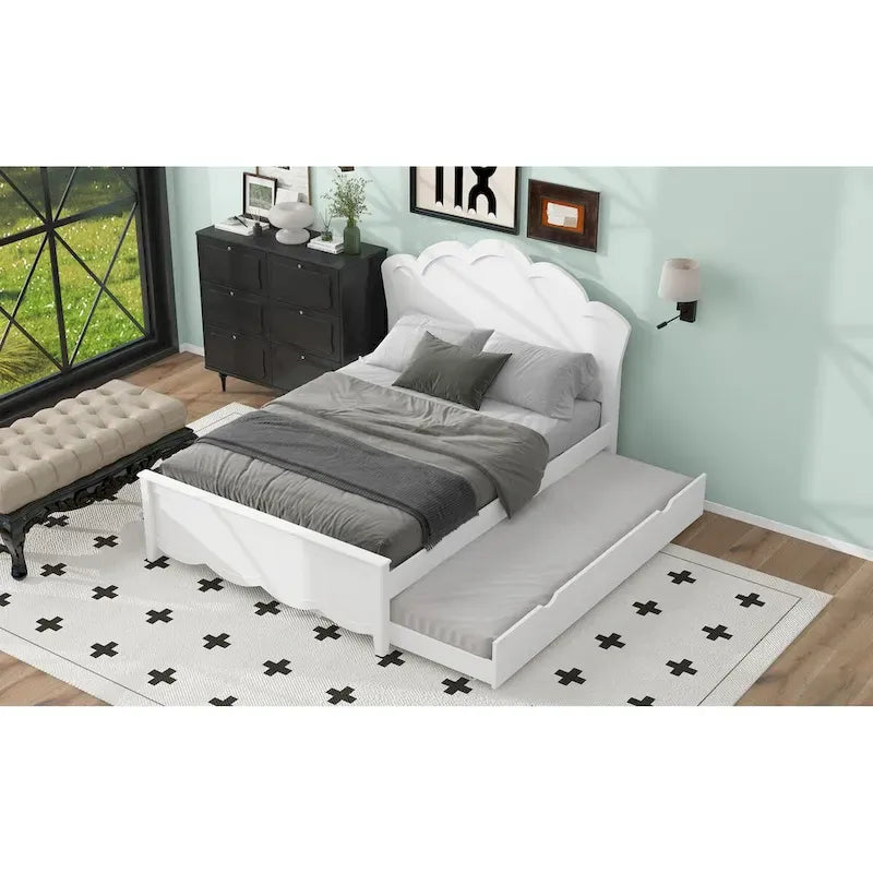 Lit plateforme double en pin blanc et MDF avec tête de lit, pied de lit et lit gigogne simple, peut accueillir 2 personnes