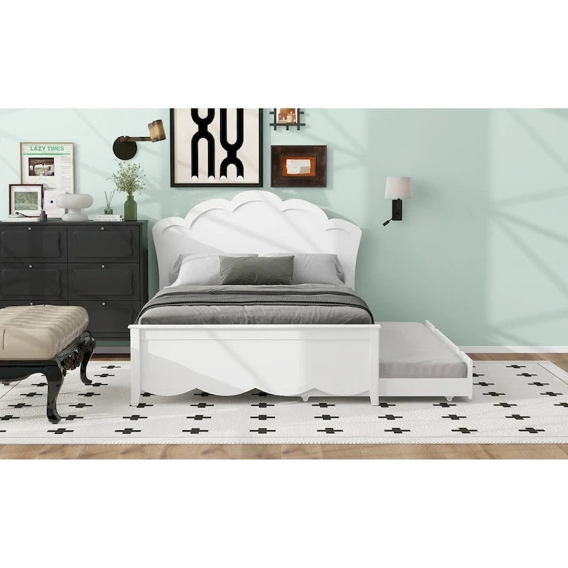 Lit plateforme double en pin blanc et MDF avec tête de lit, pied de lit et lit gigogne simple, peut accueillir 2 personnes
