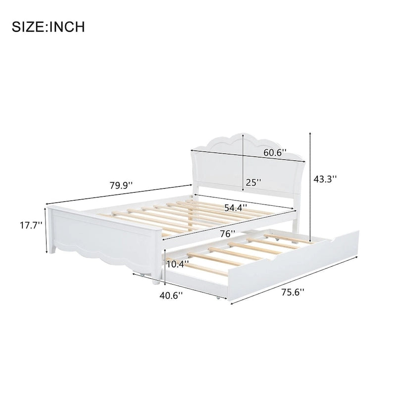 Lit plateforme double en pin blanc et MDF avec tête de lit, pied de lit et lit gigogne simple, peut accueillir 2 personnes