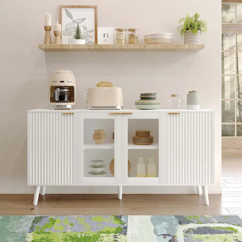 Buffet 4 portes blanc/noir avec portes en verre, 6 étagères intérieures et pieds en bois massif