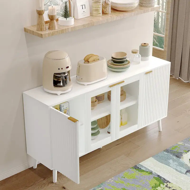 Buffet 4 portes blanc/noir avec portes en verre, 6 étagères intérieures et pieds en bois massif