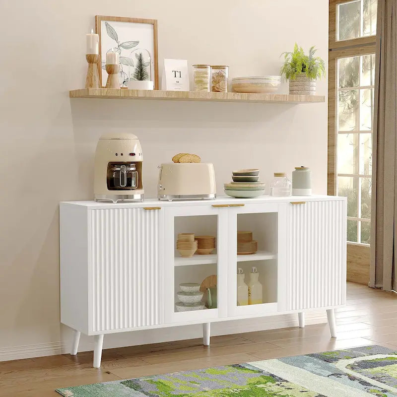 Buffet 4 portes blanc/noir avec portes en verre, 6 étagères intérieures et pieds en bois massif