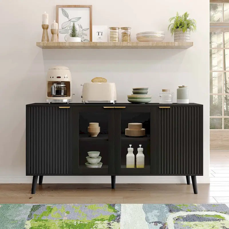 Buffet 4 portes blanc/noir avec portes en verre, 6 étagères intérieures et pieds en bois massif