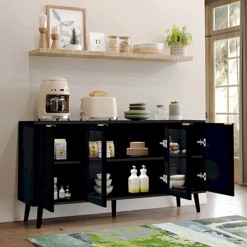 Buffet 4 portes blanc/noir avec portes en verre, 6 étagères intérieures et pieds en bois massif