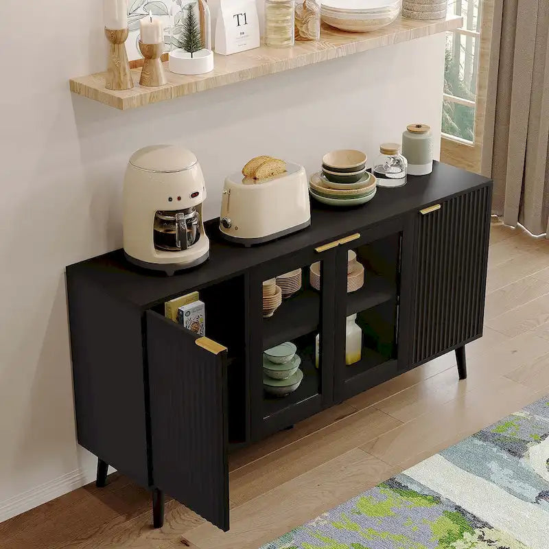 Buffet 4 portes blanc/noir avec portes en verre, 6 étagères intérieures et pieds en bois massif