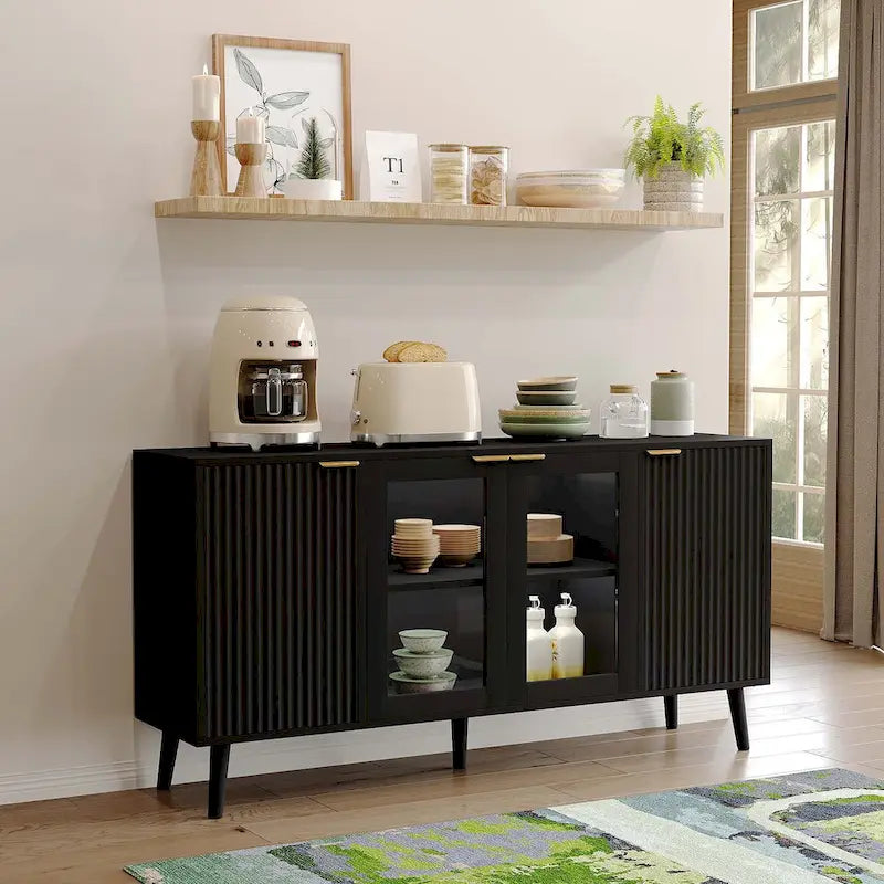 Buffet 4 portes blanc/noir avec portes en verre, 6 étagères intérieures et pieds en bois massif
