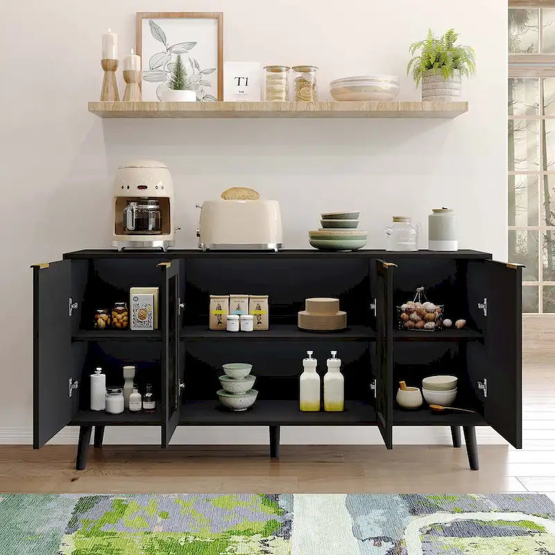 Buffet 4 portes blanc/noir avec portes en verre, 6 étagères intérieures et pieds en bois massif