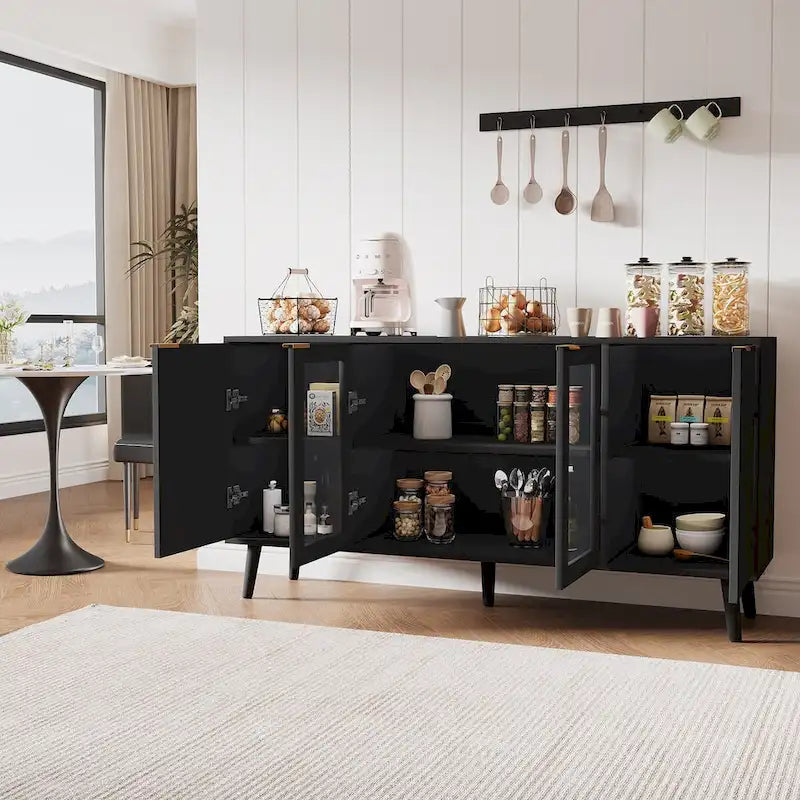Buffet 4 portes blanc/noir avec portes en verre, 6 étagères intérieures et pieds en bois massif