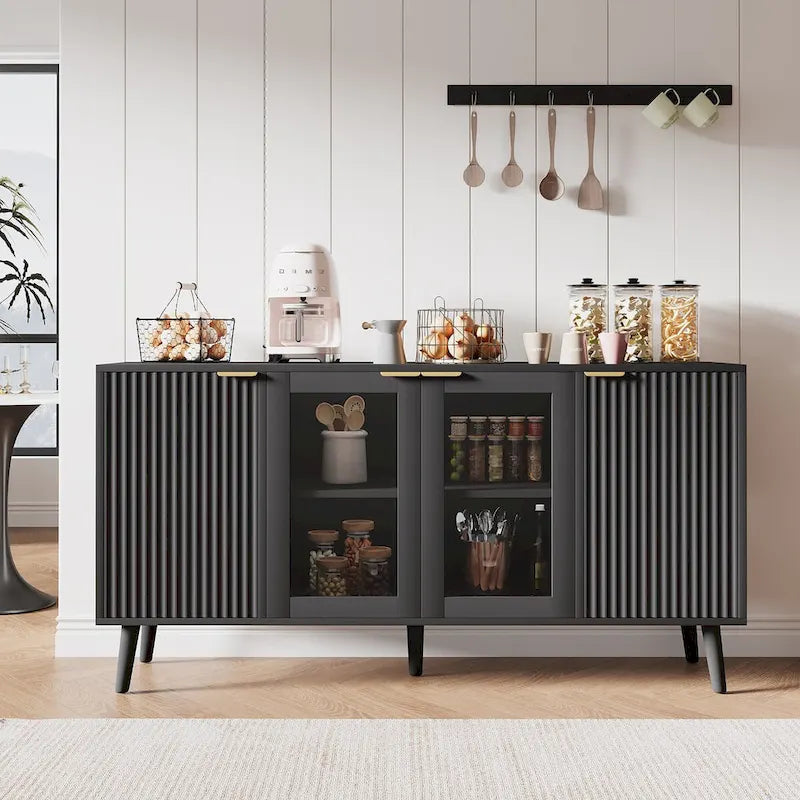 Buffet 4 portes blanc/noir avec portes en verre, 6 étagères intérieures et pieds en bois massif