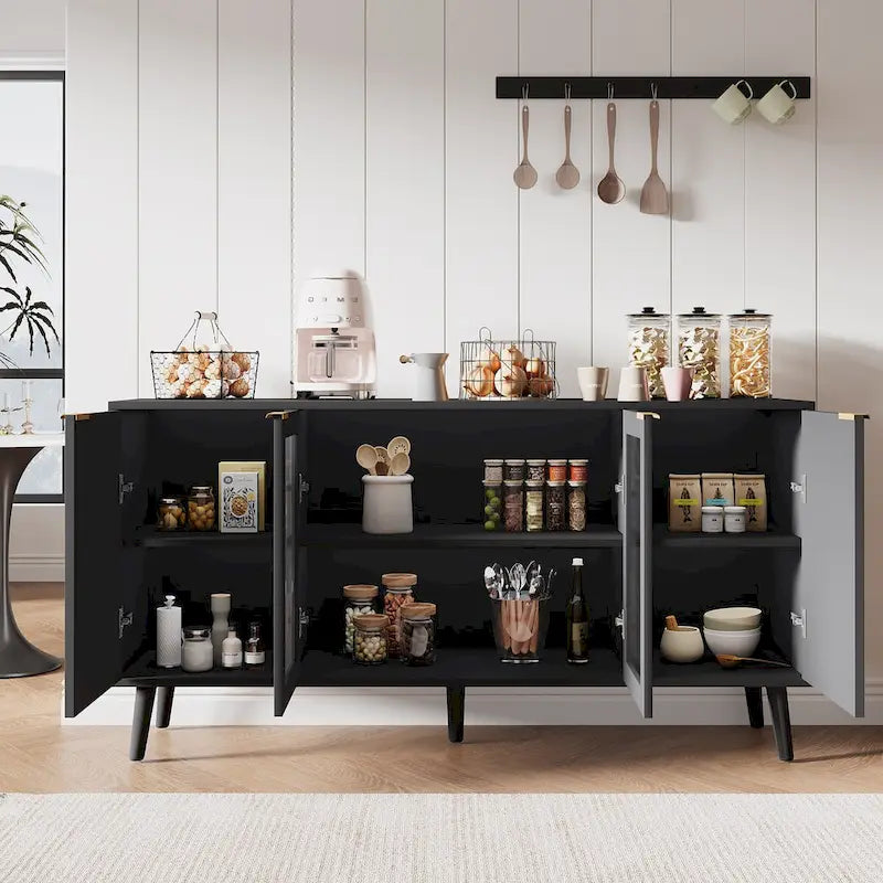 Buffet 4 portes blanc/noir avec portes en verre, 6 étagères intérieures et pieds en bois massif