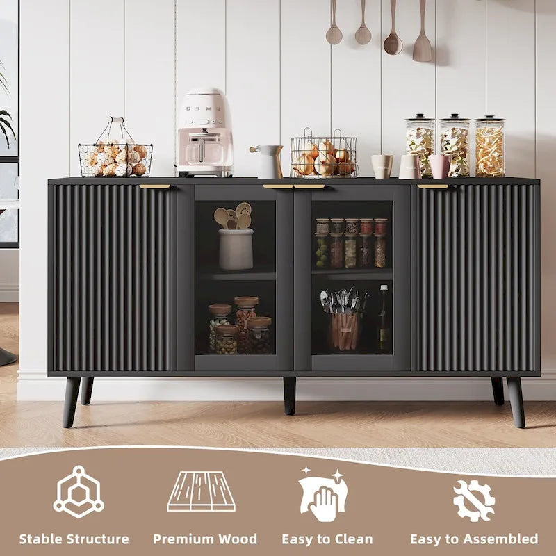 Buffet 4 portes blanc/noir avec portes en verre, 6 étagères intérieures et pieds en bois massif