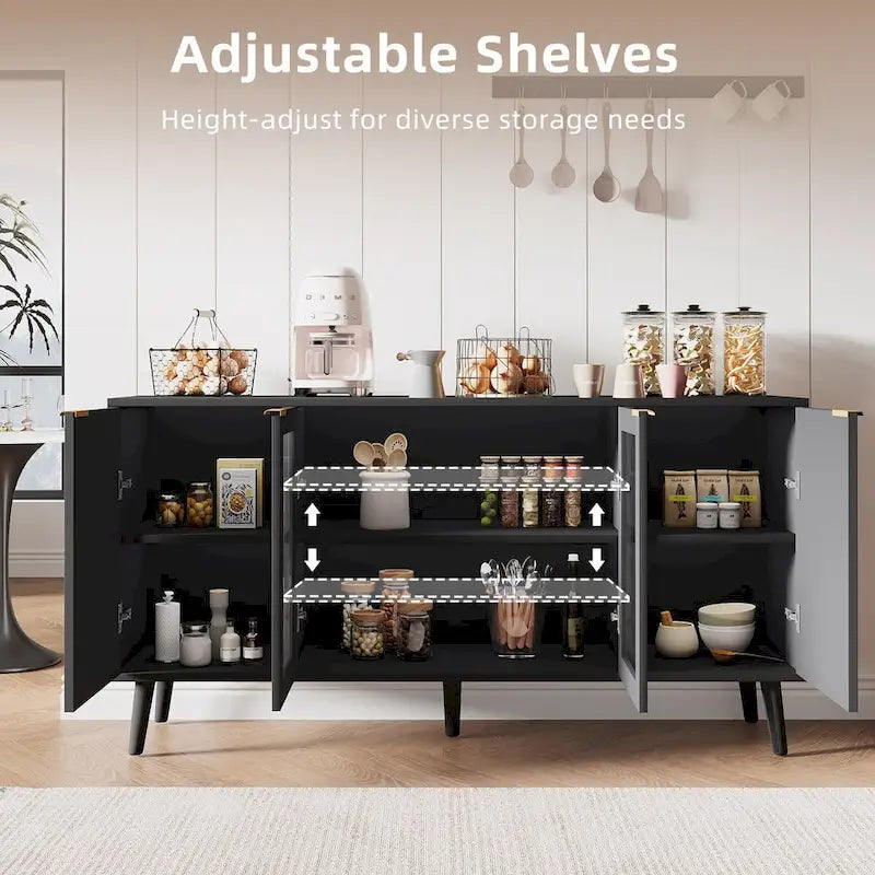 Buffet 4 portes blanc/noir avec portes en verre, 6 étagères intérieures et pieds en bois massif