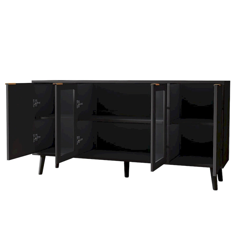 Buffet 4 portes blanc/noir avec portes en verre, 6 étagères intérieures et pieds en bois massif