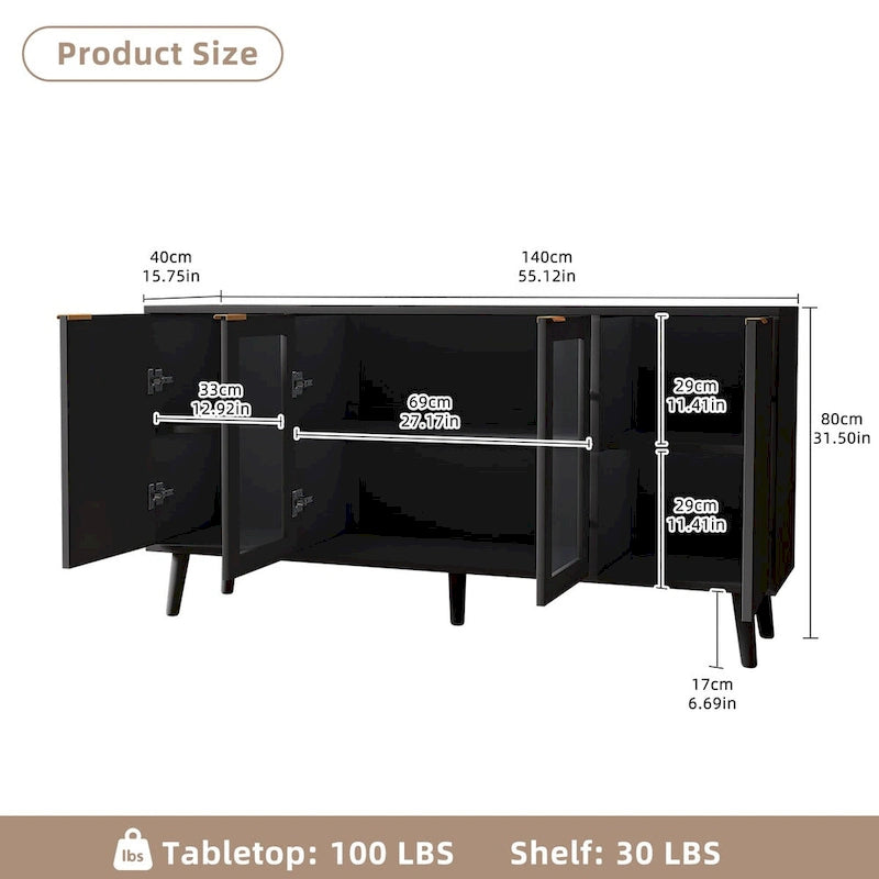 Buffet 4 portes blanc/noir avec portes en verre, 6 étagères intérieures et pieds en bois massif
