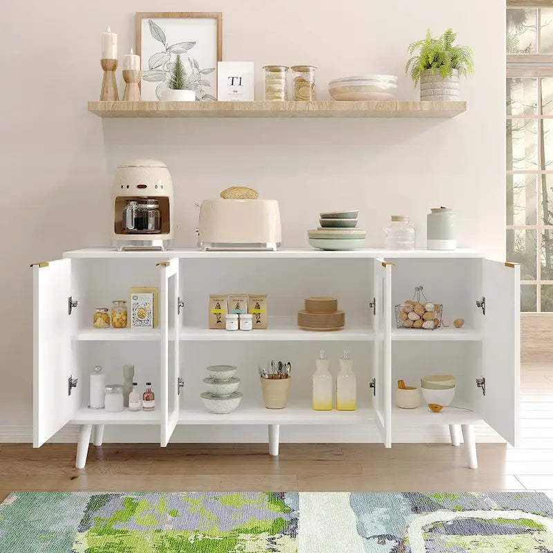Buffet 4 portes blanc/noir avec portes en verre, 6 étagères intérieures et pieds en bois massif