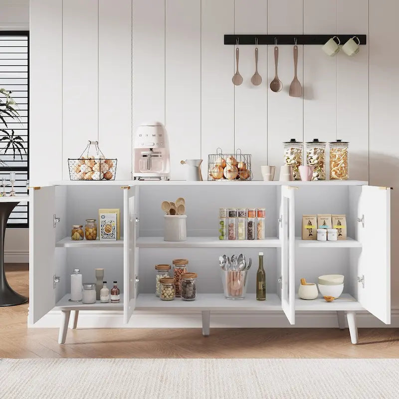 Buffet 4 portes blanc/noir avec portes en verre, 6 étagères intérieures et pieds en bois massif