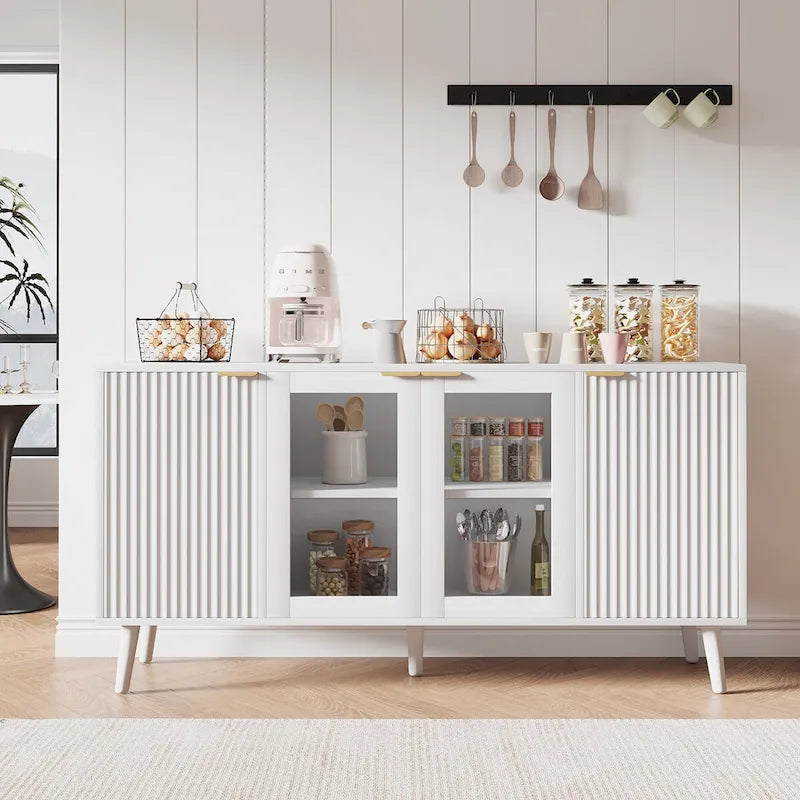 Buffet 4 portes blanc/noir avec portes en verre, 6 étagères intérieures et pieds en bois massif