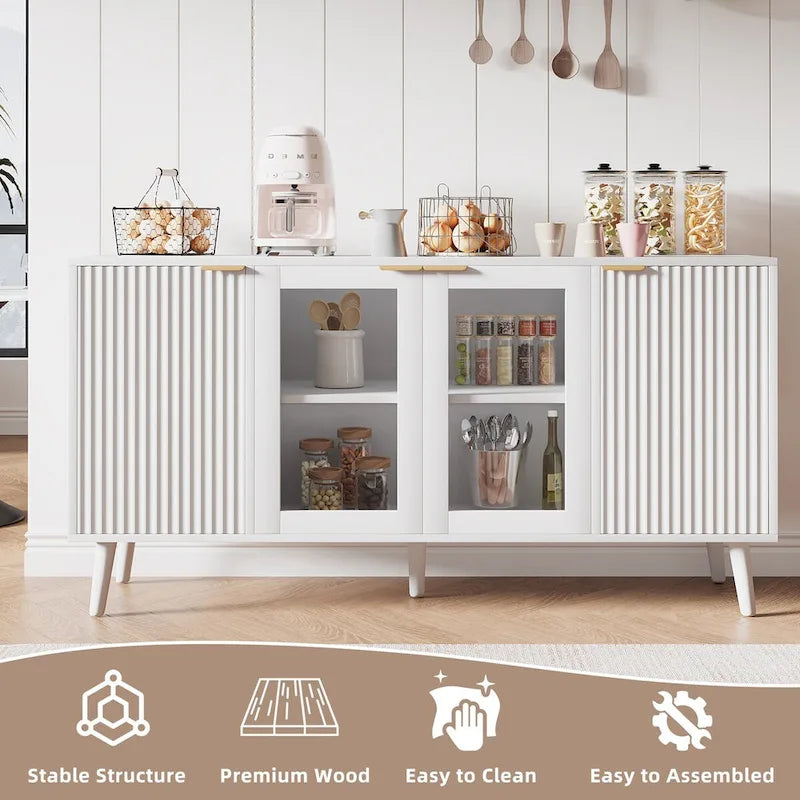 Buffet 4 portes blanc/noir avec portes en verre, 6 étagères intérieures et pieds en bois massif