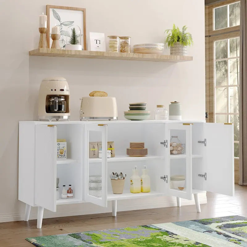 Buffet 4 portes blanc/noir avec portes en verre, 6 étagères intérieures et pieds en bois massif