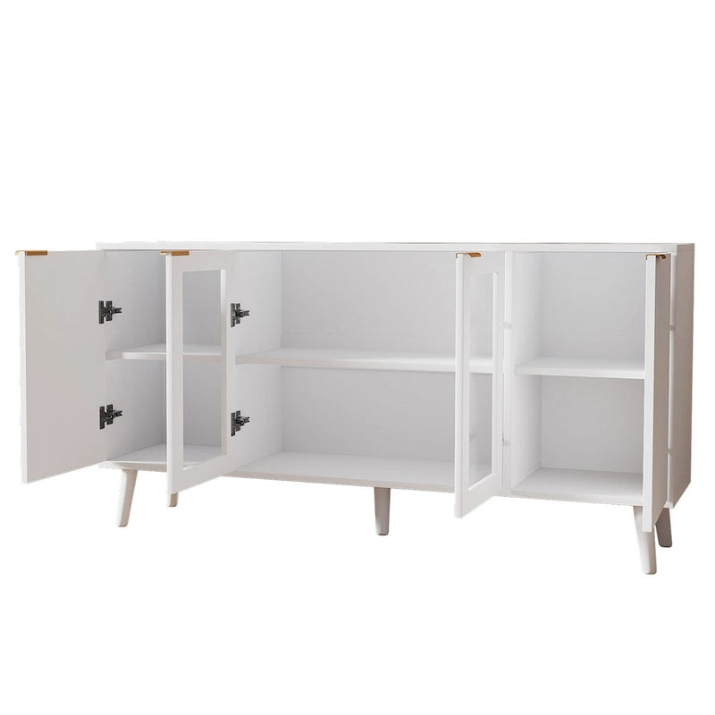 Buffet 4 portes blanc/noir avec portes en verre, 6 étagères intérieures et pieds en bois massif