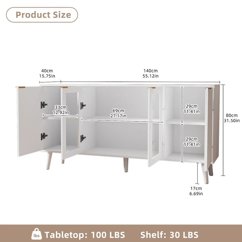 Buffet 4 portes blanc/noir avec portes en verre, 6 étagères intérieures et pieds en bois massif