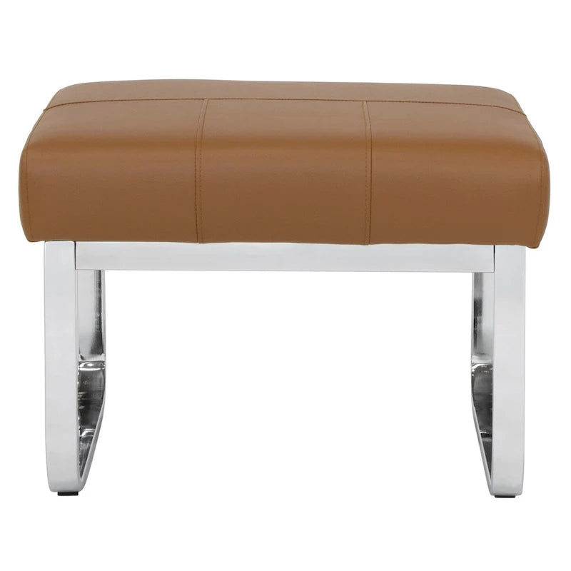 Pouf ottoman rectangulaire en cuir reconstitué marron/gris/noir avec pieds en acier chromé incurvés