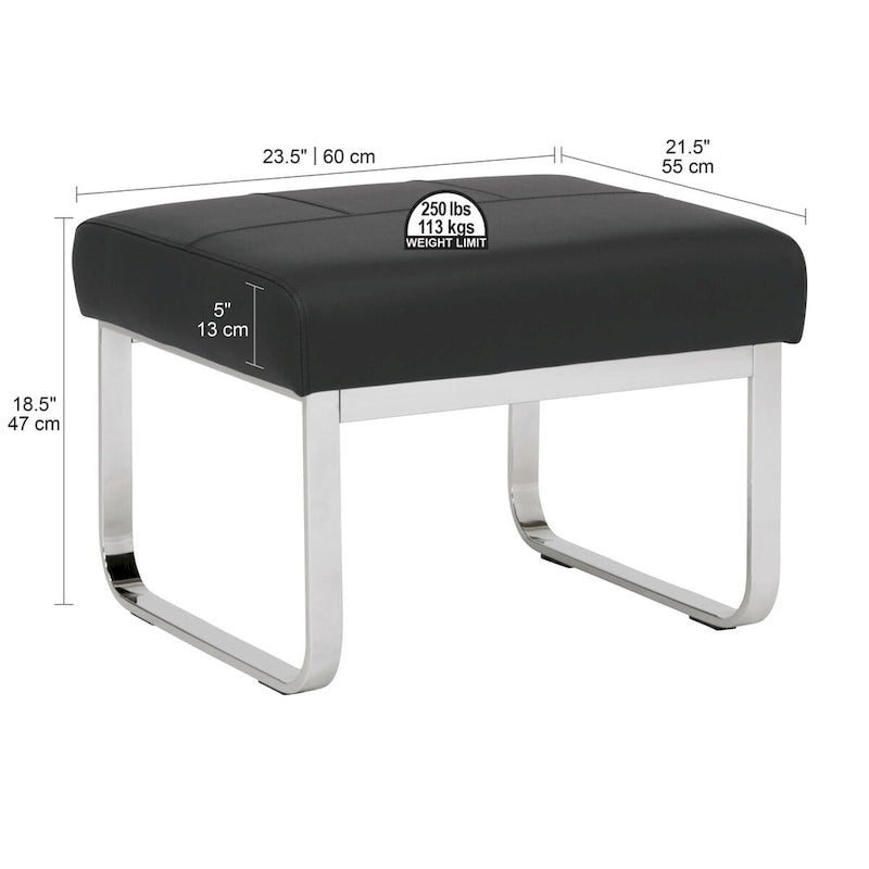 Pouf ottoman rectangulaire en cuir reconstitué marron/gris/noir avec pieds en acier chromé incurvés