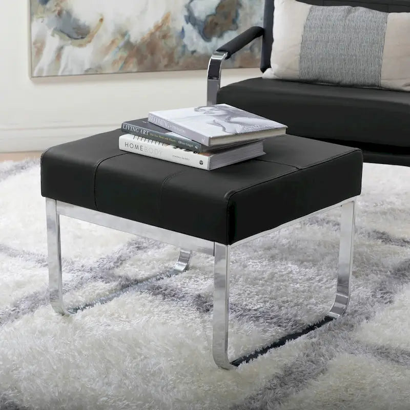 Pouf ottoman rectangulaire en cuir reconstitué marron/gris/noir avec pieds en acier chromé incurvés