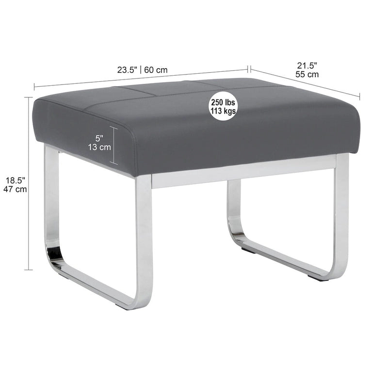 Pouf ottoman rectangulaire en cuir reconstitué marron/gris/noir avec pieds en acier chromé incurvés