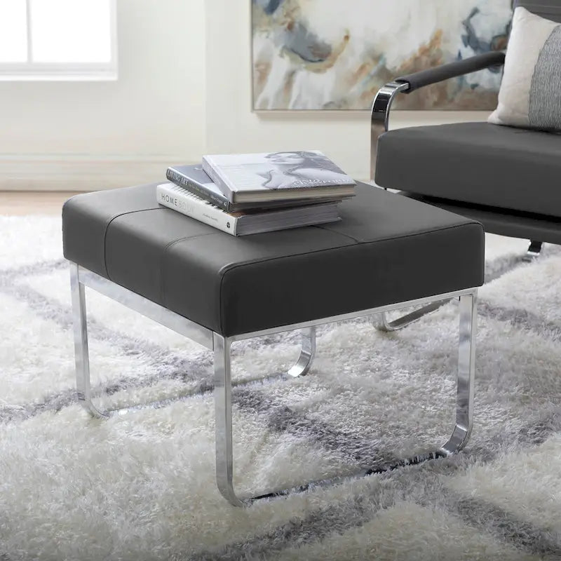 Pouf ottoman rectangulaire en cuir reconstitué marron/gris/noir avec pieds en acier chromé incurvés