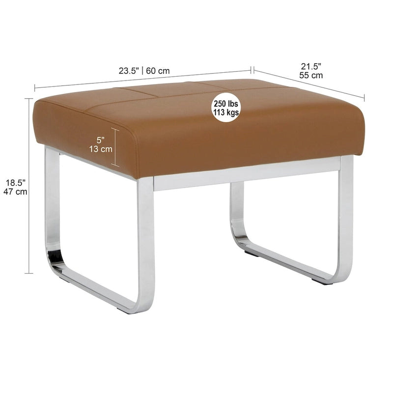 Pouf ottoman rectangulaire en cuir reconstitué marron/gris/noir avec pieds en acier chromé incurvés