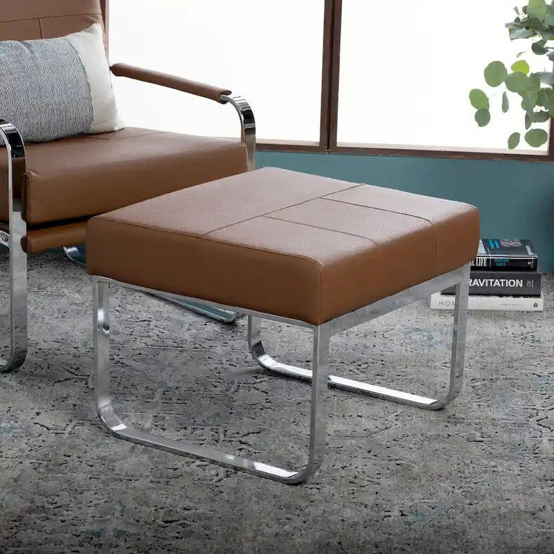 Pouf ottoman rectangulaire en cuir reconstitué marron/gris/noir avec pieds en acier chromé incurvés
