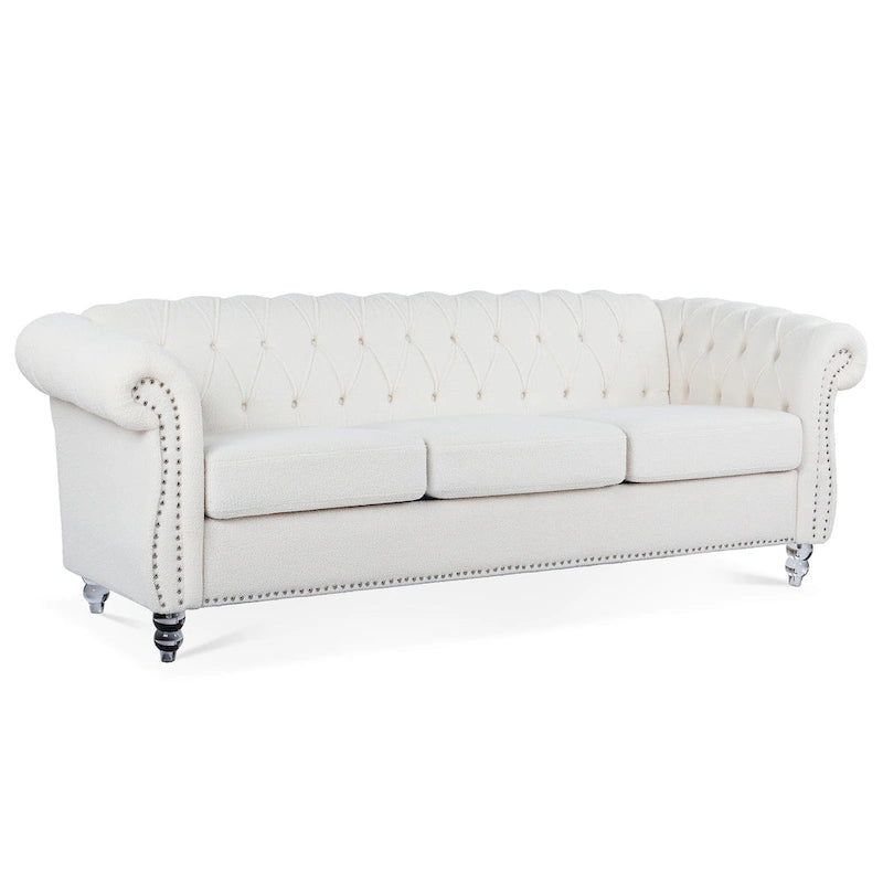 Canapé Chesterfield 3 places à accoudoirs roulés, avec ressorts ensachés et pieds en bouleau, en coloris blanc / PU blanc / velours Teddy gris
