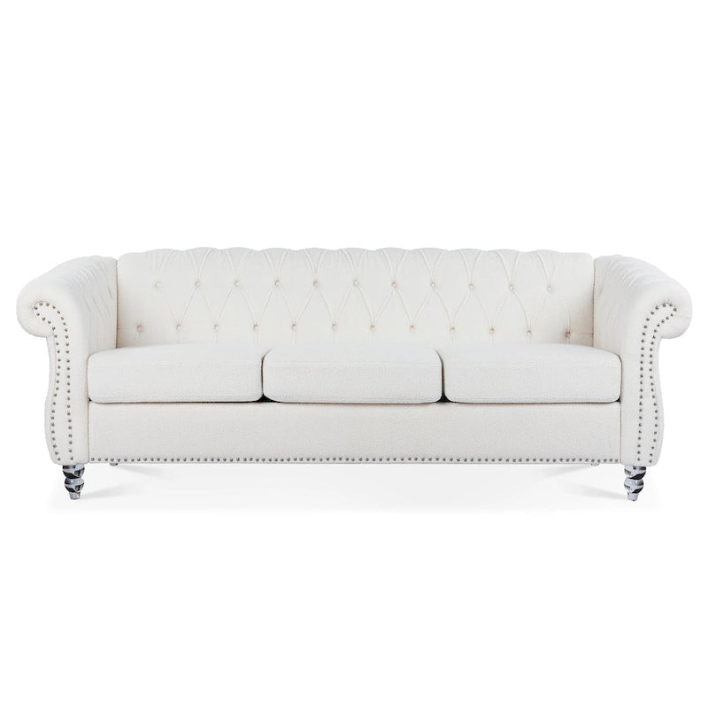 Canapé Chesterfield 3 places à accoudoirs roulés, avec ressorts ensachés et pieds en bouleau, en coloris blanc / PU blanc / velours Teddy gris