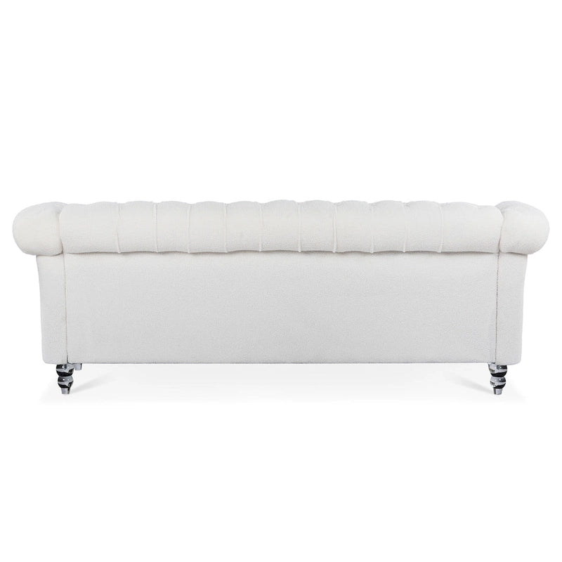 Canapé Chesterfield 3 places à accoudoirs roulés, avec ressorts ensachés et pieds en bouleau, en coloris blanc / PU blanc / velours Teddy gris