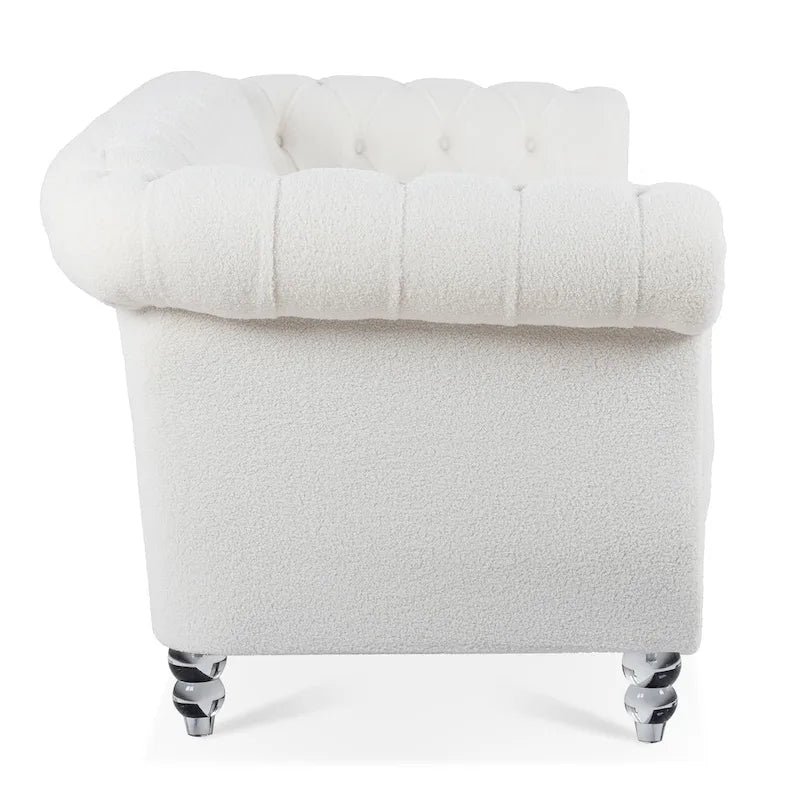 Canapé Chesterfield 3 places à accoudoirs roulés, avec ressorts ensachés et pieds en bouleau, en coloris blanc / PU blanc / velours Teddy gris