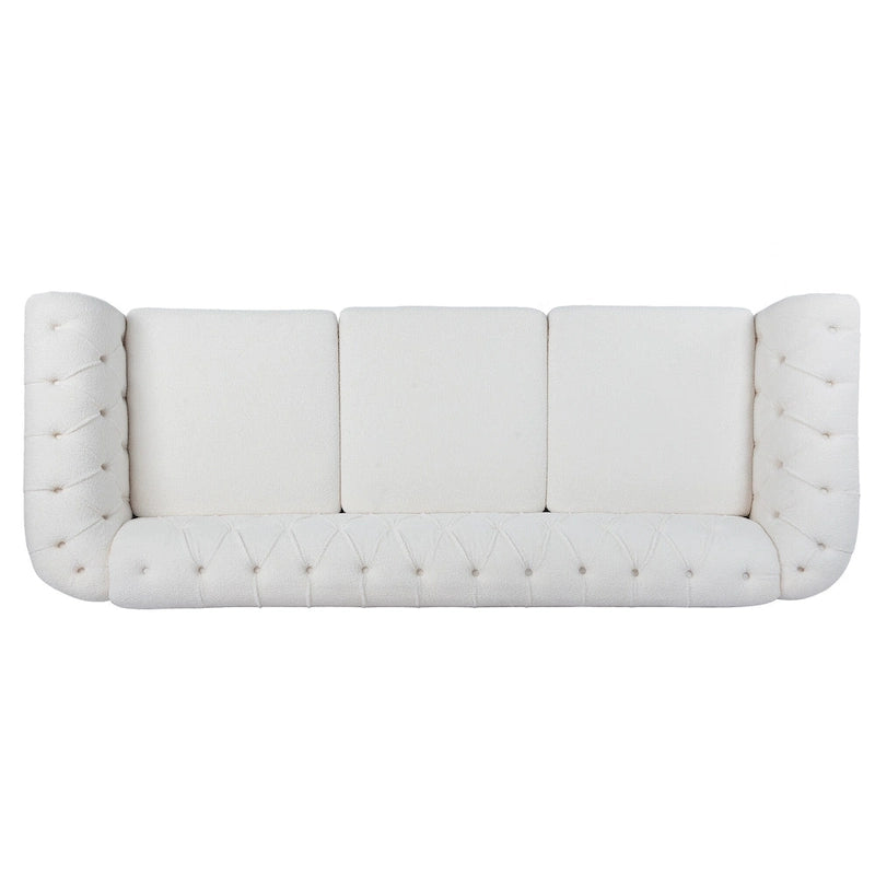 Canapé Chesterfield 3 places à accoudoirs roulés, avec ressorts ensachés et pieds en bouleau, en coloris blanc / PU blanc / velours Teddy gris