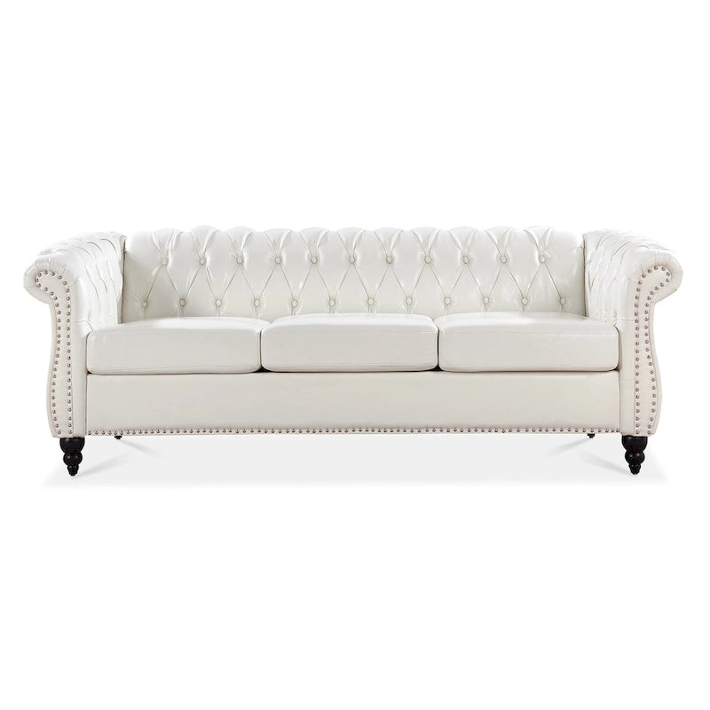 Canapé Chesterfield 3 places à accoudoirs roulés, avec ressorts ensachés et pieds en bouleau, en coloris blanc / PU blanc / velours Teddy gris