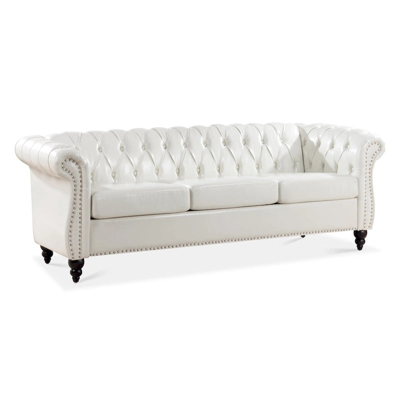 Canapé Chesterfield 3 places à accoudoirs roulés, avec ressorts ensachés et pieds en bouleau, en coloris blanc / PU blanc / velours Teddy gris