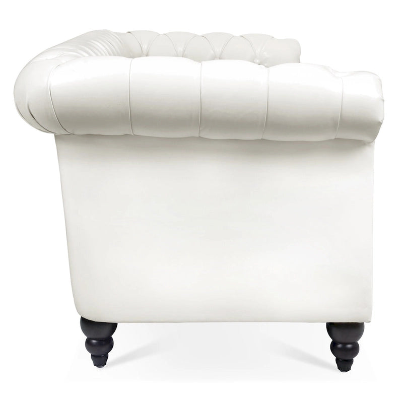 Canapé Chesterfield 3 places à accoudoirs roulés, avec ressorts ensachés et pieds en bouleau, en coloris blanc / PU blanc / velours Teddy gris