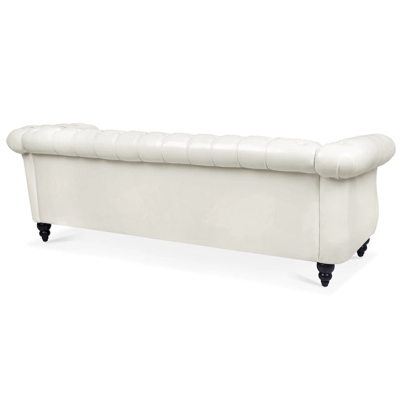 Canapé Chesterfield 3 places à accoudoirs roulés, avec ressorts ensachés et pieds en bouleau, en coloris blanc / PU blanc / velours Teddy gris