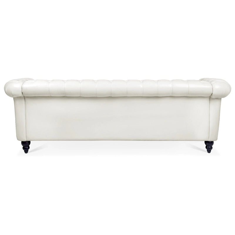 Canapé Chesterfield 3 places à accoudoirs roulés, avec ressorts ensachés et pieds en bouleau, en coloris blanc / PU blanc / velours Teddy gris
