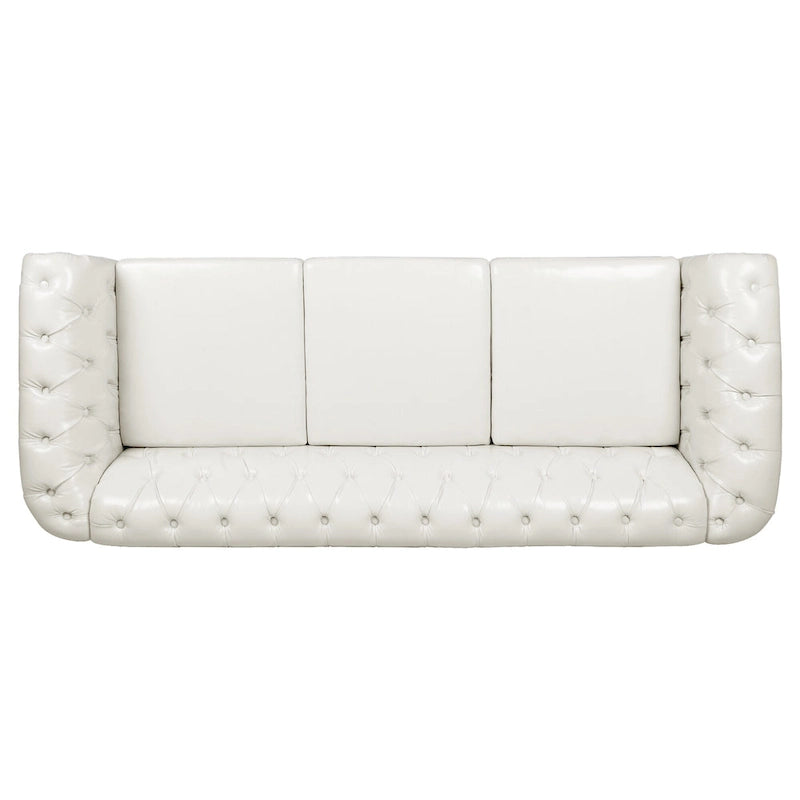 Canapé Chesterfield 3 places à accoudoirs roulés, avec ressorts ensachés et pieds en bouleau, en coloris blanc / PU blanc / velours Teddy gris